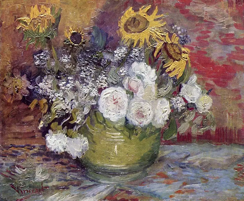Vincent van Gogh's Bowl With Sunflowers Roses and other Flowers Painting